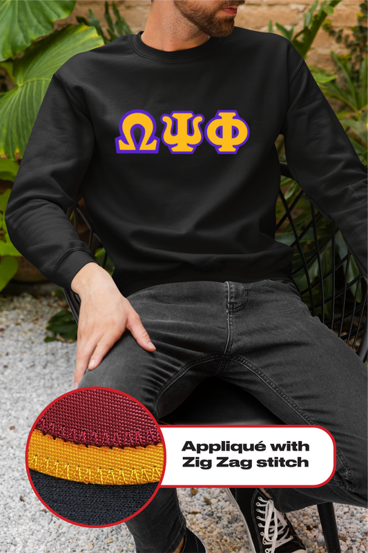 Omega Psi Phi crewneck sweatshirt letters // Omega Psi Phi zig-zag embroidered crewneck letters